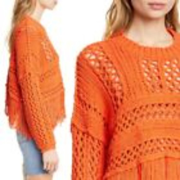 NWT FREE PEOPLE HIGHER LOVE BOHEMIAN CROCHET KNIT ORNAGE FRINGE SWEATER S - Picture 9 of 11